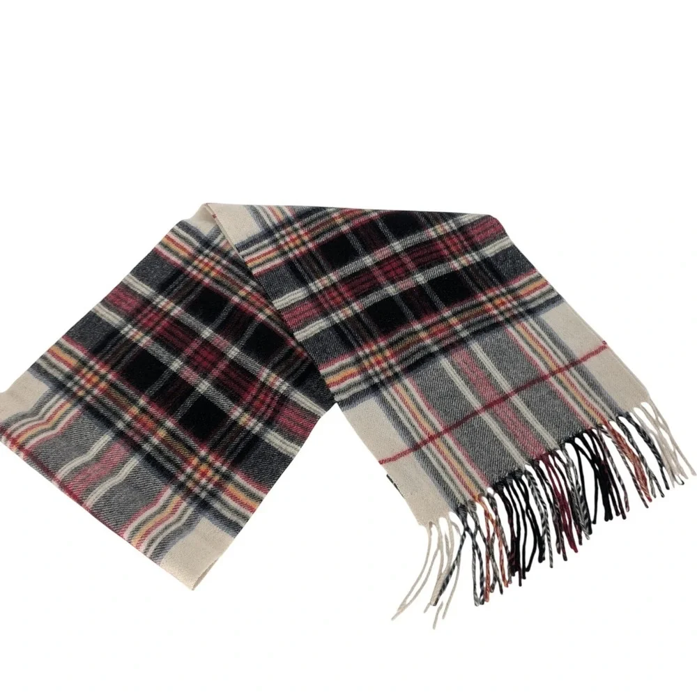 Eddie Bauer Scarf OS Cream Tartan Plaid Cashmere Wool Fringe Heritage Cabin Prep